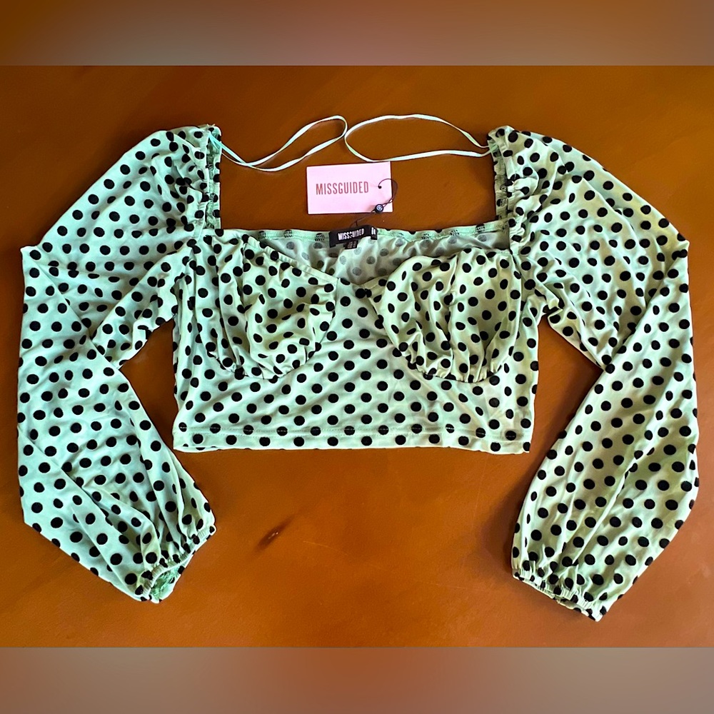 📦 NWT Missguided Flocked Spot Long Sleeve Crop Mint Green polka dot Nordstrom